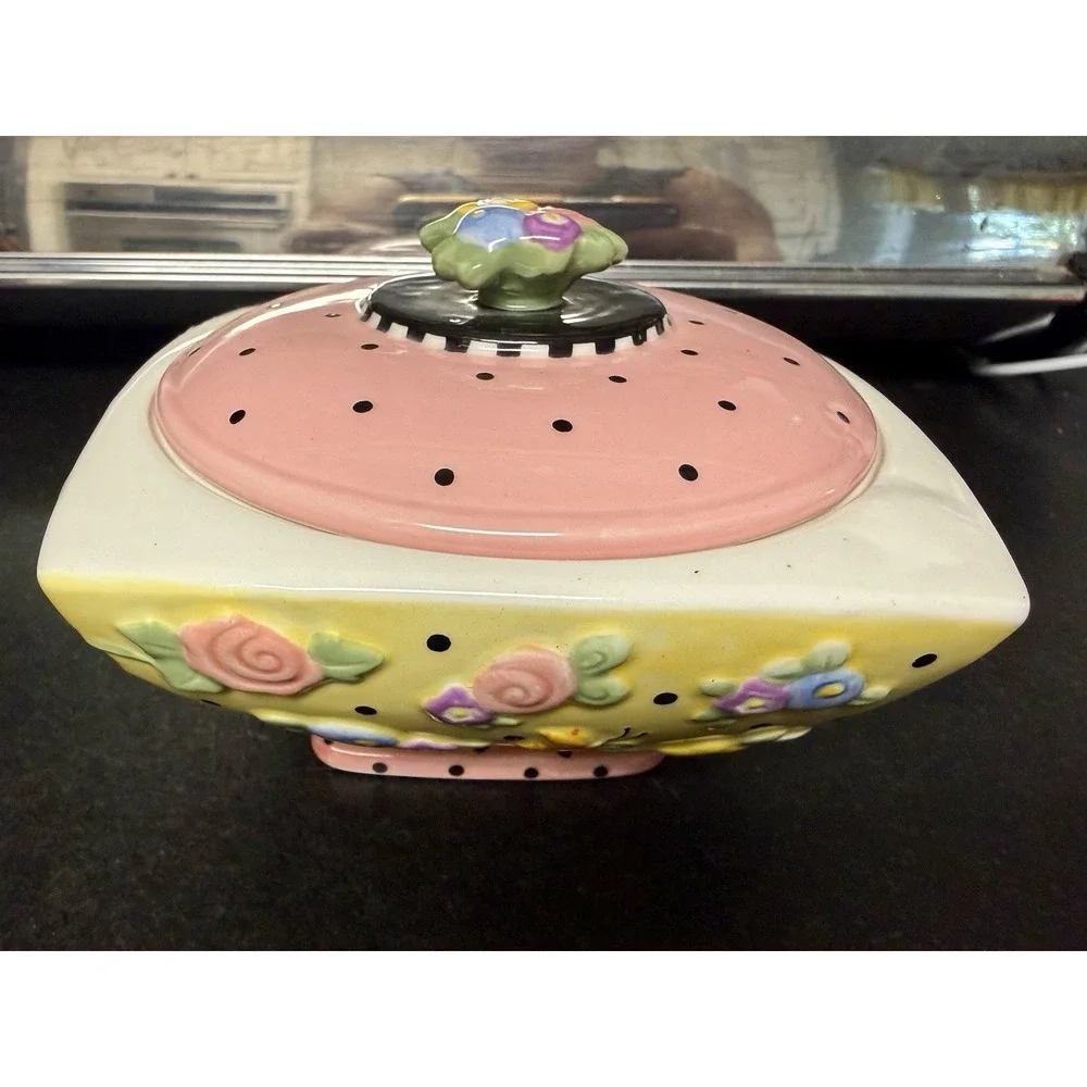 1999 Vintage Mary Englebreit Ceramic Covered Square Trinket/Candy Dish